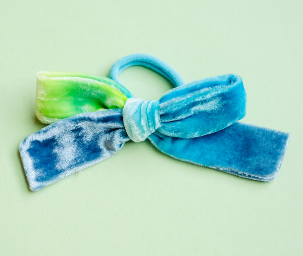 Blue and neon bow on seamless hair tie